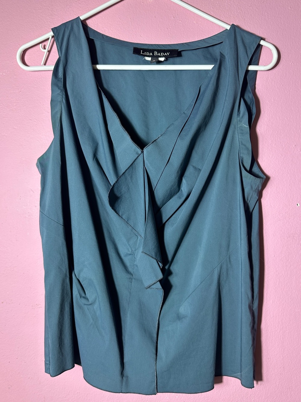 Lida Baday Teal Ruffle V-Neck Sleeveless Blouse